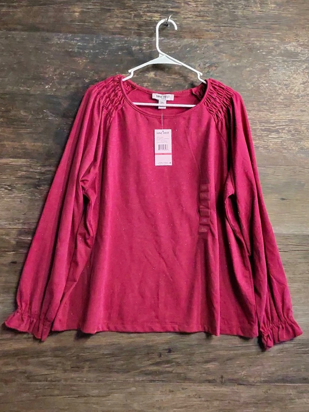 Nine West Raspberry Long-Sleeve Ruffle Shoulder Top